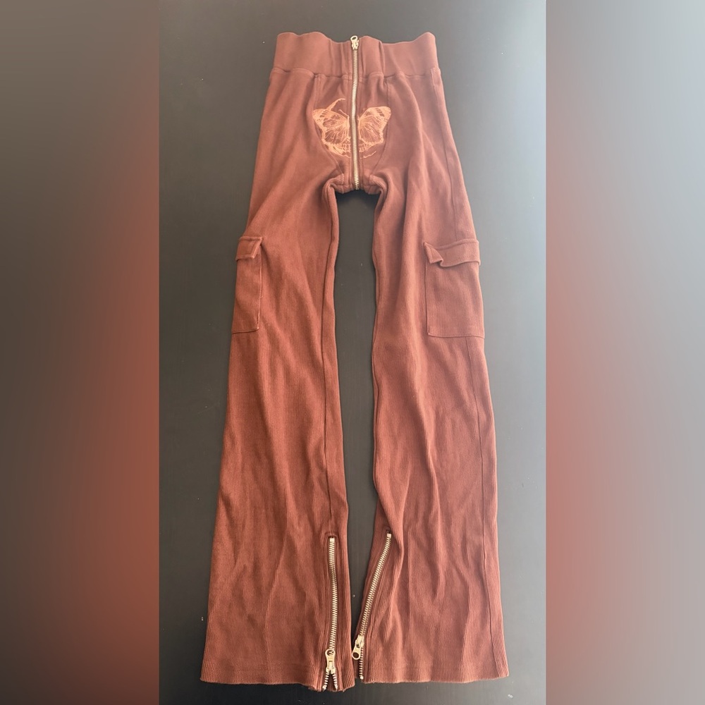 TORDROBES Brown UZip Butterfly Embroidered Ribbed Knit Cargo Flare Pants Sz S/XS